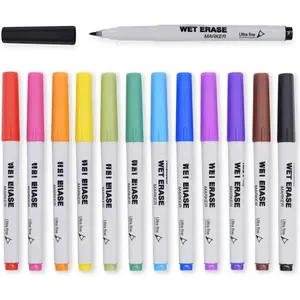 Wet Erase Markers Ultra Fine Tip,0.7mm,Low Odor,Extra Fine Point,12 Assorted Colors,Whiteboard Markers for Office,Home,or Planning Dry Erase Board,20703 Drawings Ink Formula