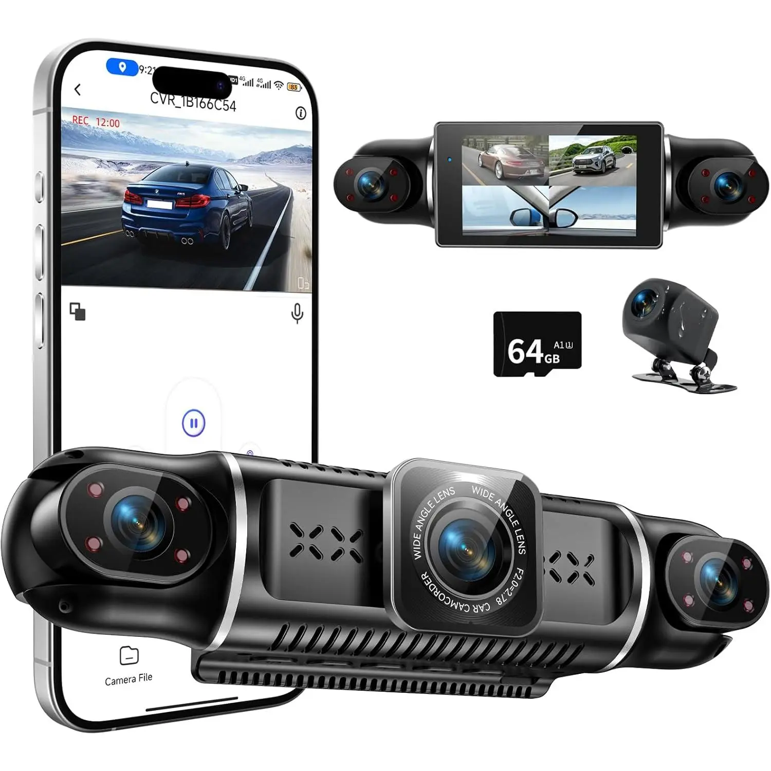 4-Channel 360-Degree View Wireless Car Dashcam, 4096x2160+1080P Full HD Front-Rear-Inside-Left-Right Recording, Built-in G-Sensor, IR Night Vision, 24H Parking Mode, 64GB SD Card, Looping Recording, App-Controlled Automotive Accessory for Car Owners, No