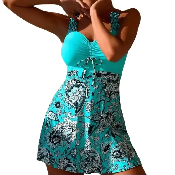 Turquoise Paisley Tankini Swimsuit - Women's Two Piece Bathing Suit With Flared Skirt & Polka Dot Straps - Modest Swimwear For Summer Vacation & Beach
