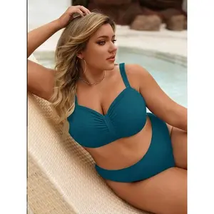 Women’s Plus Size Solid Color Ruched Bikini Top | Trendy Adjustable Straps Swim Top | Flattering Tummy Control Design for Summer Beach Vacation Pool