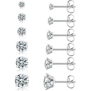 6 Pairs Stud Earrings Set,  Cubic Zirconia 316L Earrings Stainless Steel CZ Earrings 3-8mm (Steel color)