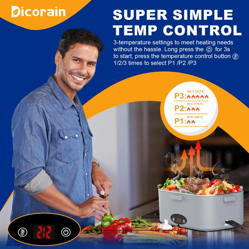 【Dicorain】New Style Electric Lunch Box with Temperature Control Function, 100w Heated Lunch Box 1.8L Portable Food Warmer for Adults, 12/24/110v Heating Lunch Box for Car/Truck/Office with Thickened Bag