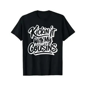 Funny Cousins Matching T-Shirts - Kickin' It with My Cousins Slogan, Black with White Cursive Lettering, Comfortable Round Neck Casual Tees for Family Reunions & Cousins Outfits