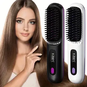 All-in-One Smart Cordless Hair Straightener & Curler Brush, 2-in-1 Negative Ion Heated Comb for Straightening & Voluminous Curls Smooth  Cordless