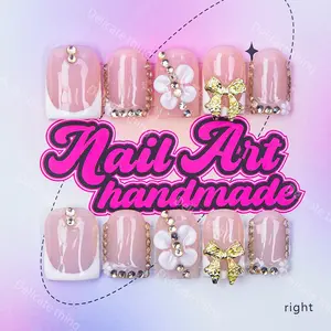 Delicatething  Y2K Style Duckbill Square Nail Set, Nail Art Design, Handmade Bow & Diamonds, French Design, XS-S-M-L Sizes, Perfect Gift for Women