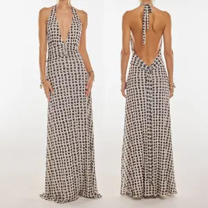 Women Long Dress, Sleeveless Halter Dress Backless Flower/Dots Print Summer Cocktail Dress