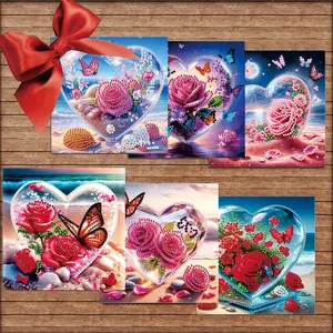 6-Piece Diamond Painting Card Kit, DIY Heart Flower Theme Holiday Cards with Envelopes, Creative Gift for Birthdays & Valentine's Day, Diamond Painting Kits, Handmade Gifts