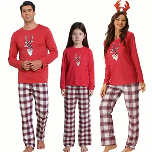 cheibear Christmas Elk Print Tops with Plaid Pants Xmas Sleepwear Family Pajama Set Red Men's Large