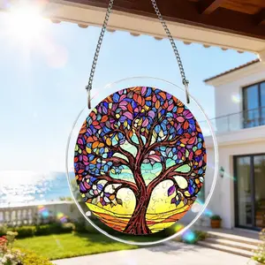 Colorful Tree Acrylic Puzzle Suncatcher, Stained Glass Style, Round Window Hanging Decor, Gift for Nature Lovers, Boho Home Decor, Unisex