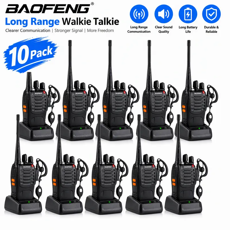 Baofeng walkie talkie BF-888S (10 Pack) Handheld Two Way Radio, 1-3km Range Voice Communication, 16 Channels, Built-in Flashlight, Rechargeable Lithium Battery, Comes with Earpiece, Suitable for Home, Outdoor, and Team Activities.