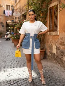JOYPAY Women's Casual Denim Dress - Round Neck, Short-Sleeve, White Letter-Print, Womens Dresses, Shortsleeve,summervibes