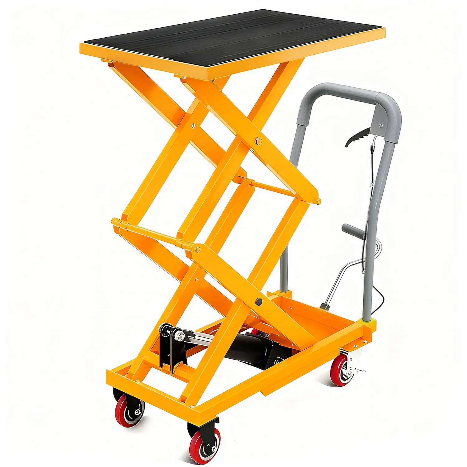 Garvee Upgraded Yellow Manual Hydraulic Double Scissor Lift Table Cart, 330 LBS Load Capacity, 50 Inch Lifting Height, Equipped with 4 Wheels and Anti-Slip Pad
