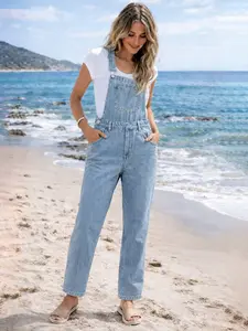 Summer New Denim Overalls Pure Color Washed Blue Loose Fit No Elastic Women's Jeans Bib Pants Casual Daily Wear Versatile Womenswear
