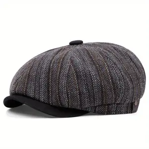 Fashion High Quality Luxury Navy Blue Herringbone Newsboy Cap Unisex Casual  Beret Octagonal Hat Detective Hats Retro Flat Cap