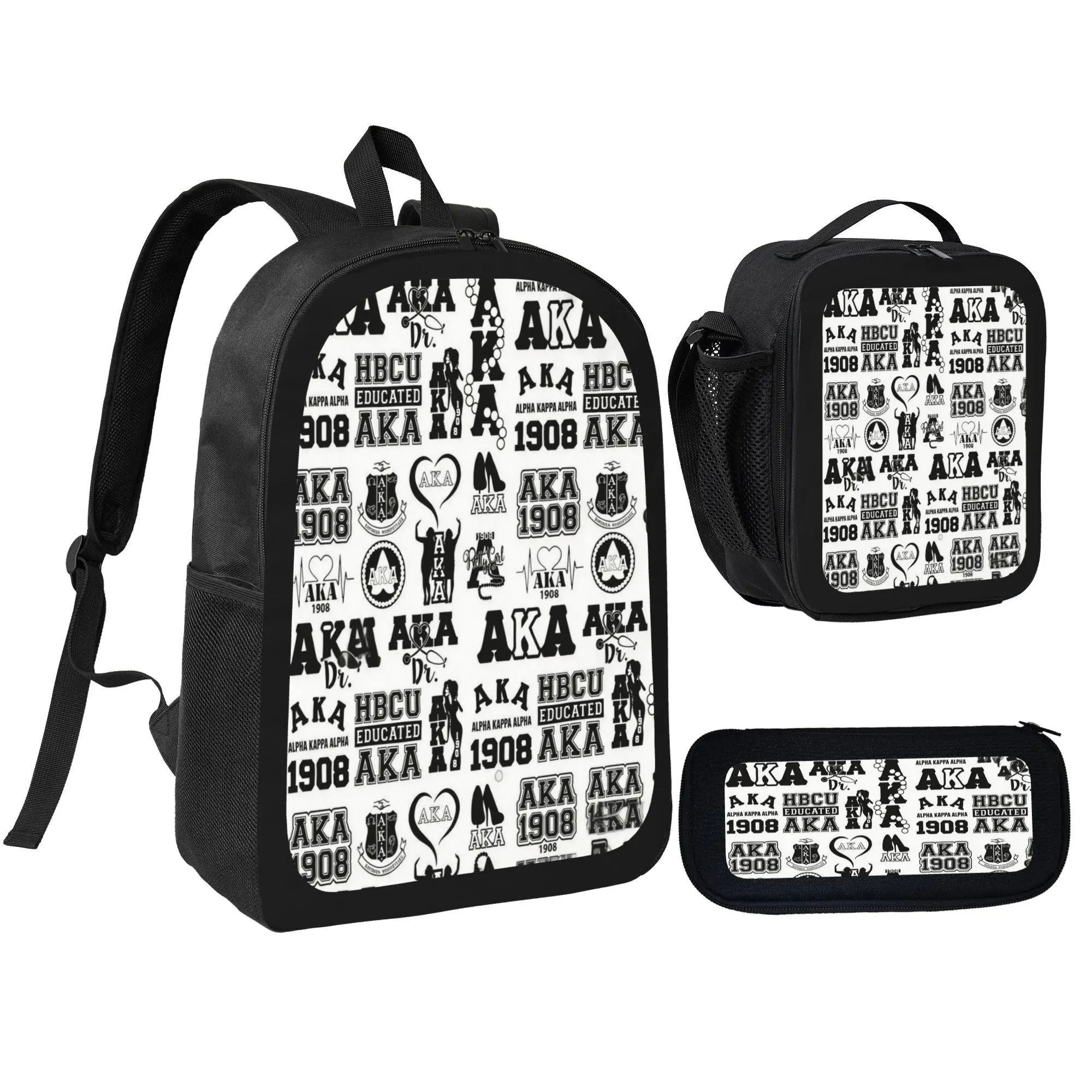 [3Pcs Greek Print HBCU Sorority Set Pack] Alpha Kappa Alpha 1908 School Backpack with Lunch Bag, Pencil Pouch for Sorority Members, Students, Campus Look