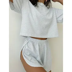 Women'S Striped Print Drop Shoulder Tee & Wrap Split Shorts Pyjama Set, Casual Comfy Round Neck Short Sleeve T-Shirt & Elastic Waist Shorts Pj Set, Summer Outfits
