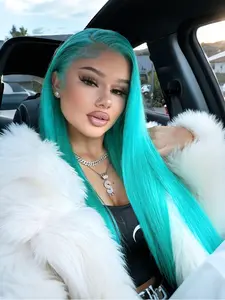 Mint Blue 28 Inch Straight Lace Front Wig 13x4 Heat-Resistant Synthetic Hair Pre-Plucked Natural Hairline Free Parting for Women Party & Cosplay Wear