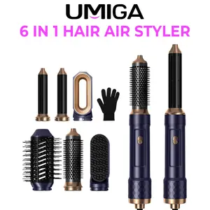 High Speed Rotating Hair Dryer Brush, 6 In 1 Airstyler Curling Set Blow Out Straight Blue Automatic Curler