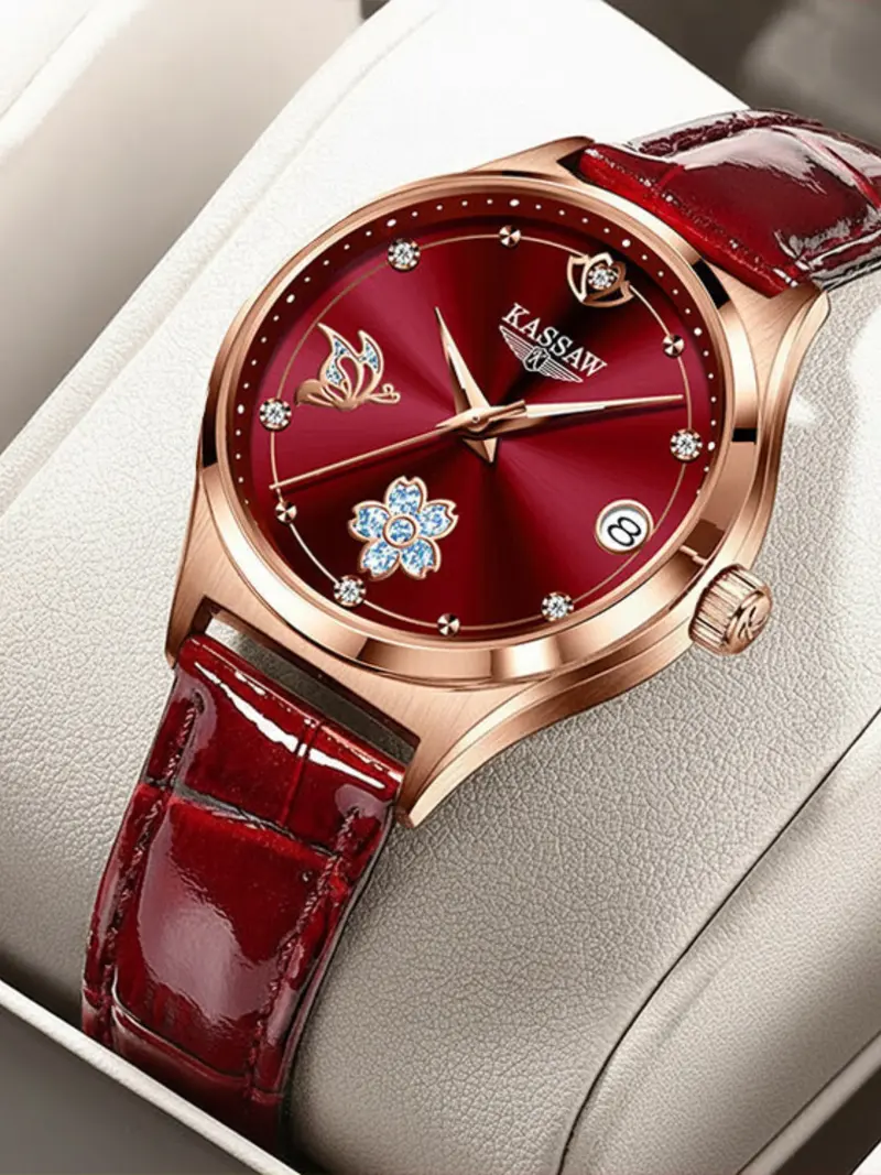 Kassaw Women's Mechanical Watch, Elegant Vintage Style, Wine Dial, Butterfly Flower Decoration, Rhinestone Design, Leather Strap
