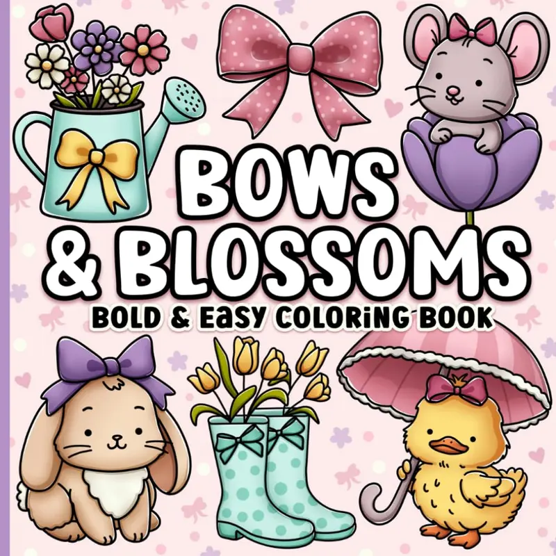 Bows & Blosoms Adult Coloring Book - 53 Pages, 8.5x8.5", Simple Large Print Bows, Blossoms, Bold Lines, Quality White Paper, Easy & Fun Coloring Pages, Floral Activity Book for Relaxation (Ideal for Adults)