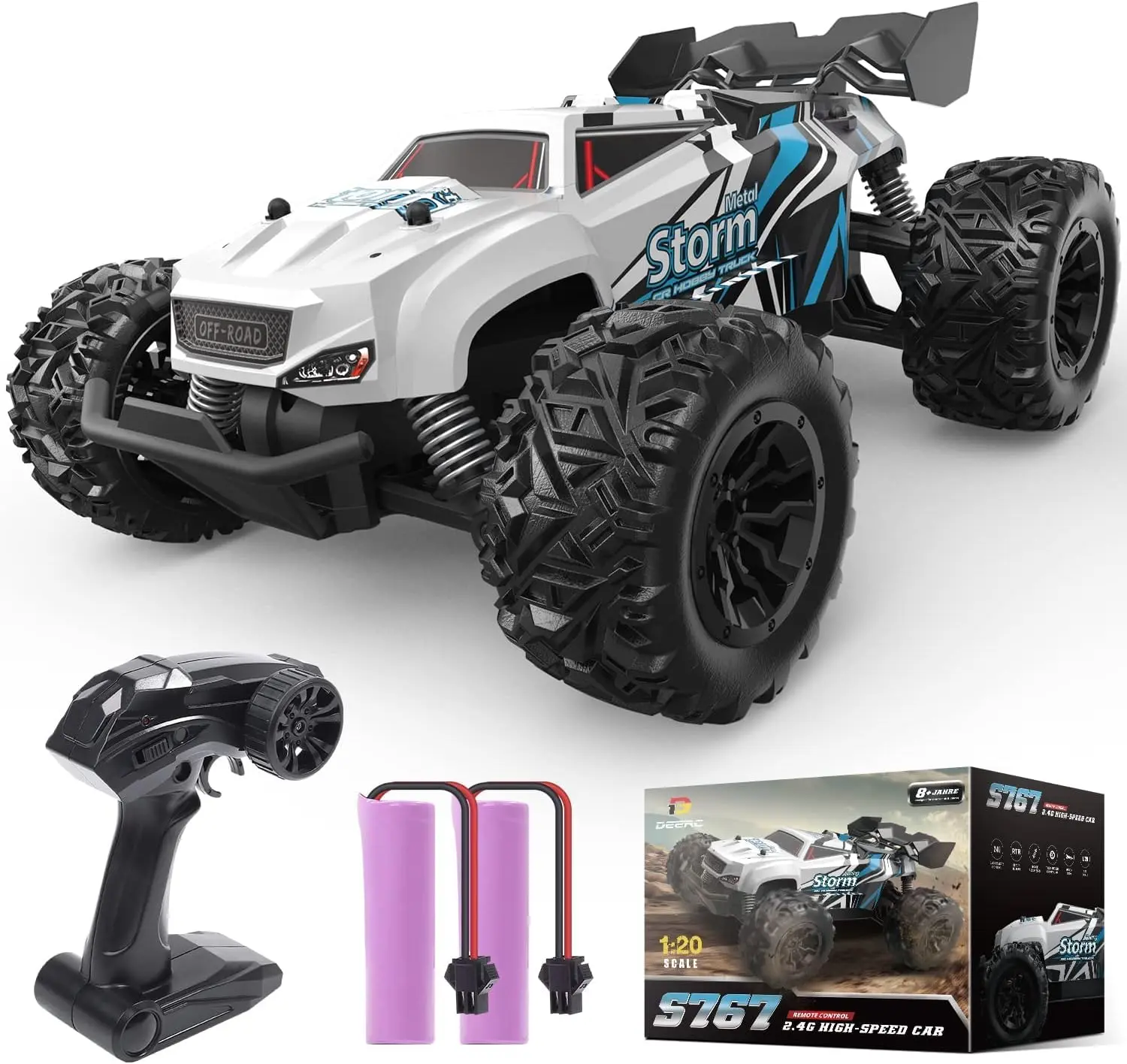DEERC Remote Control Truck, 2.4GHz All Terrain Off Road Rock Crawler Toy for 4-12 Year Olds, W/ 2 Batteries for 40 Min Play, Remote Control Trucks