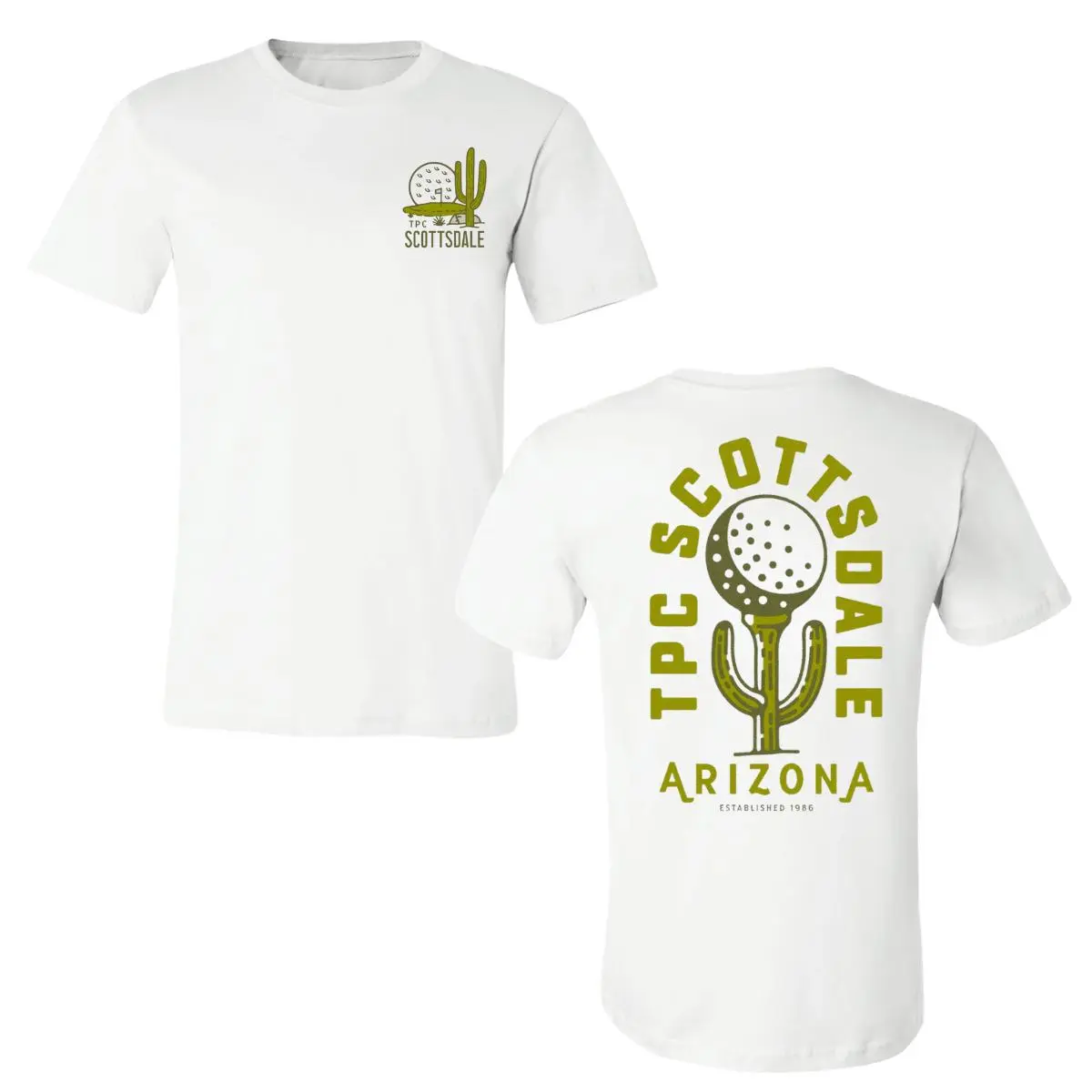 🌵 ⛳ TPC Scottsdale Arizona Golf T-Shirt, Desert Cactus and Golf Ball Back Design Tee, Bold Yellow-Green Graphic Print, Southwestern Golf Apparel for Men and Women, Local Course Gift Shirt Casual Breathable Cotton Fashion