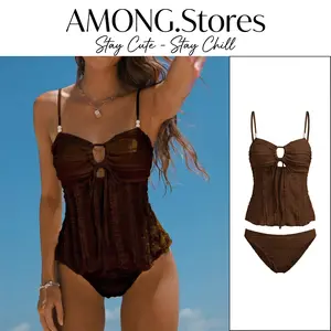 Women's Solid Textured Bikini Tankini Set Beaded Camisole Swimsuit Ruched Tie Front Swimwear Two Piece Bathing Suit Trendy Summer Beach Vacation Outfits