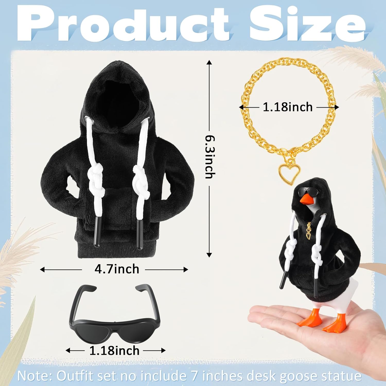 7Inch Desk Goose Outfits Mini Desktop Goose Clothes and Accessories Set Hoodie Sunglasses Necklace for Magnetic Goose Key Holder Home Decor and Housewarming Gift
