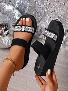 Women's Shiny Crystal Rabbit Head Chain Decorated Thick Sole Sandals, Open Toe Comfortable Slope Heel Slippers, Anti-Slip Beach Shoes for Daily Wear