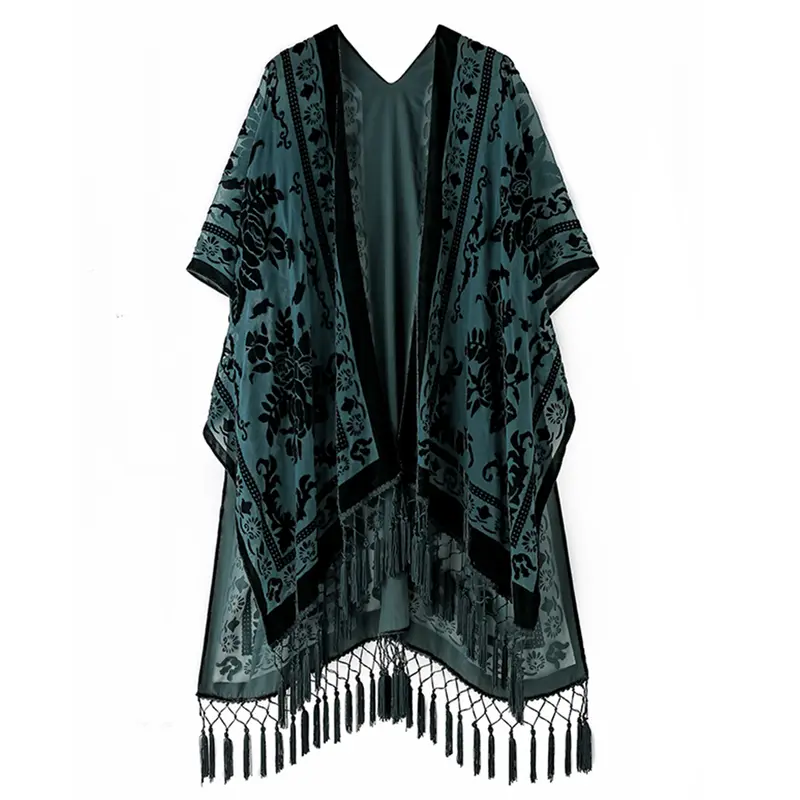 WeHello Women's Boho Burnout Soft Velvet Kimono - Long Tassel Flowy Cardigan Shawl, Swimsuit Cover Up, Beach Outdoor Wear, Boho Clothes for Women, 50%Nylon-50%Rayon Gentle Touch Casual Chic Coverage,sohochic