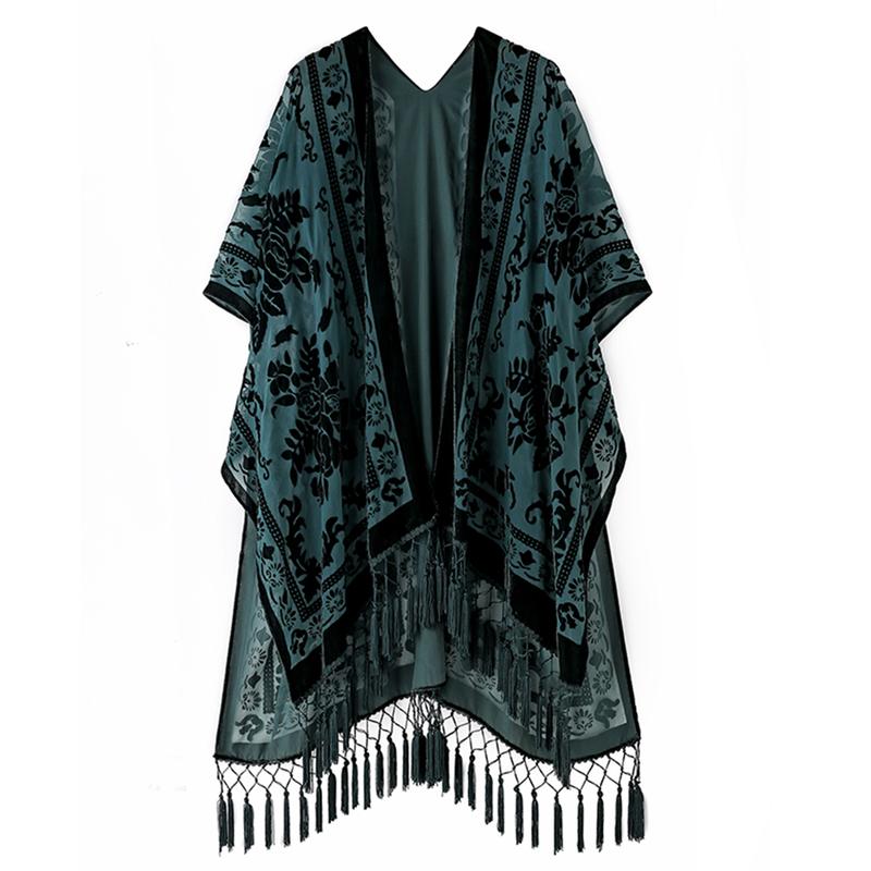 WeHello Women's Boho Burnout Velvet Kimono Long Cover Up with Tassel Casual Cardigan Shawl Flowy Fabric Beachwear Suit Womenswear Clothes Swimwear Coverups