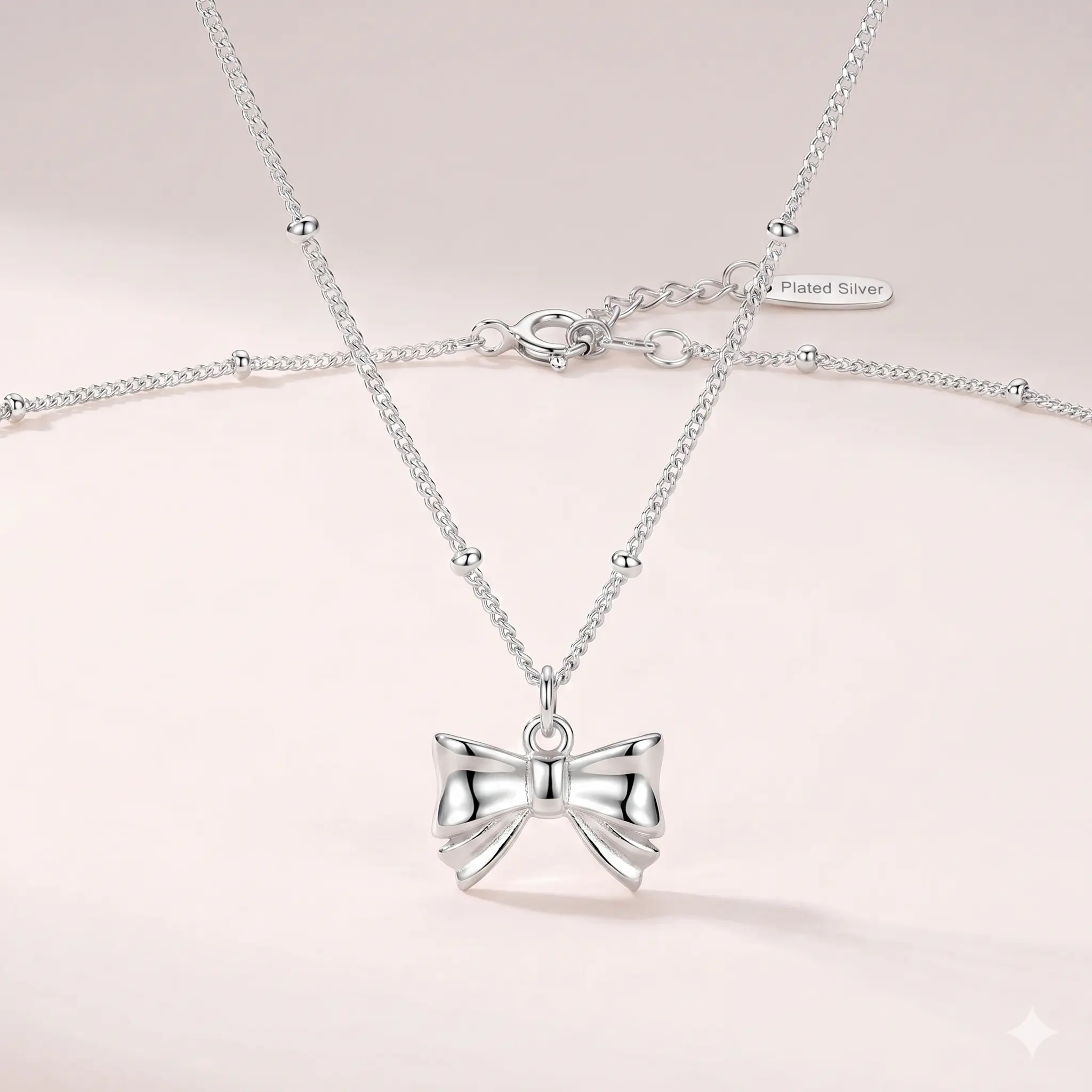 Dainty Silver Bow Necklace for Women • Minimalist Coquette Aesthetic Bowknot Pendant • Cute Everyday Satallite Bead Chain Choker • Clean Girl Style Jewelry Gift