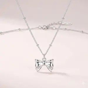 Dainty Silver Bow Necklace for Women • Minimalist Coquette Aesthetic Bowknot Pendant • Cute Everyday Satallite Bead Chain Choker • Clean Girl Style Jewelry Gift