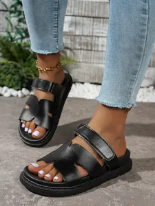 Women's Summer New Velcro Thick Sole Sandals, Fashionable Round Toe H-Type Slippers, Indoor Outdoor Personalized Beach Shoes, Pu Leather Slides