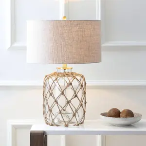 26.5" Glass and Rope Mer Table Lamp (Includes LED Light Bulb) Brown - JONATHAN Y: Coastal Style, UL Listed, Linen Shade