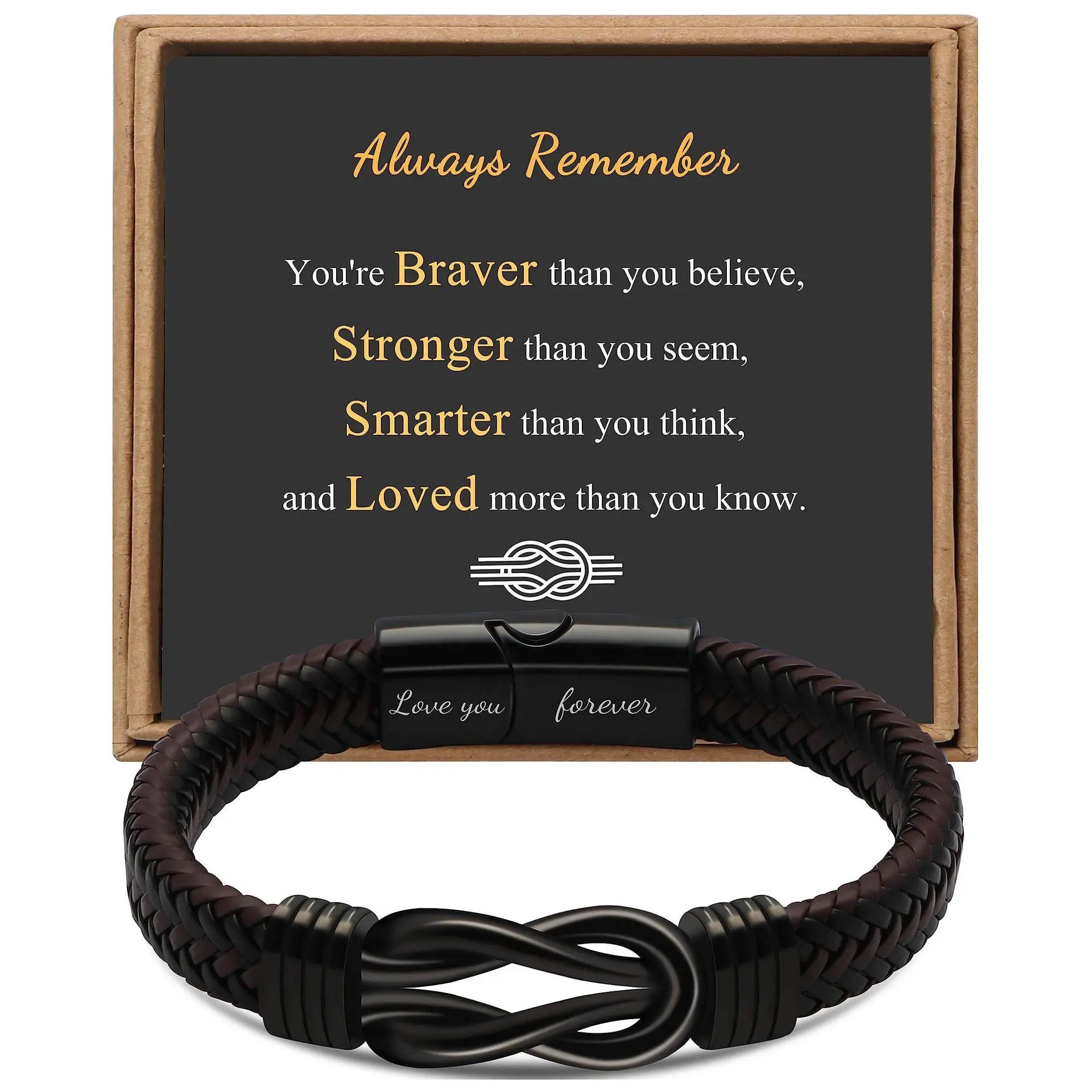 7.5/8.5/9 Inches Gift for Men Infinity Bracelet for Men Dad Husband Boyfriend Son Grandson Brother Nephew Uncle Brown Braided Leather Forever Linked Together Stainless Steel Engraved with Love You Forever Jewelry