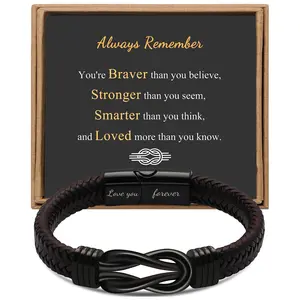 7.5/8.5/9 Inches Gift for Men Infinity Bracelet for Men Dad Husband Boyfriend Son Grandson Brother Nephew Uncle Brown Braided Leather Forever Linked Together Stainless Steel Engraved with Love You Forever Jewelry