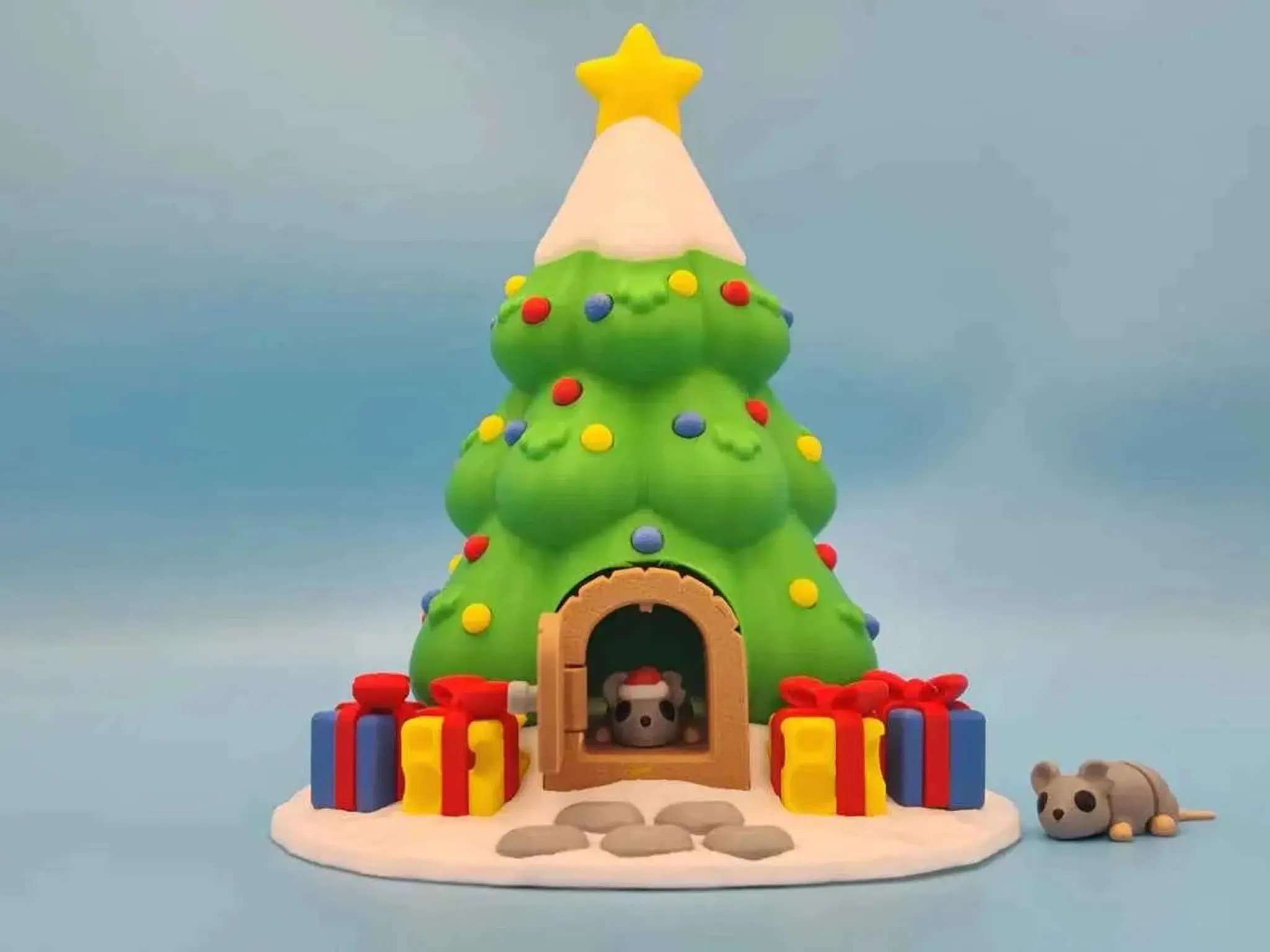 Christmas Tree House Display with Two Mice Figurines