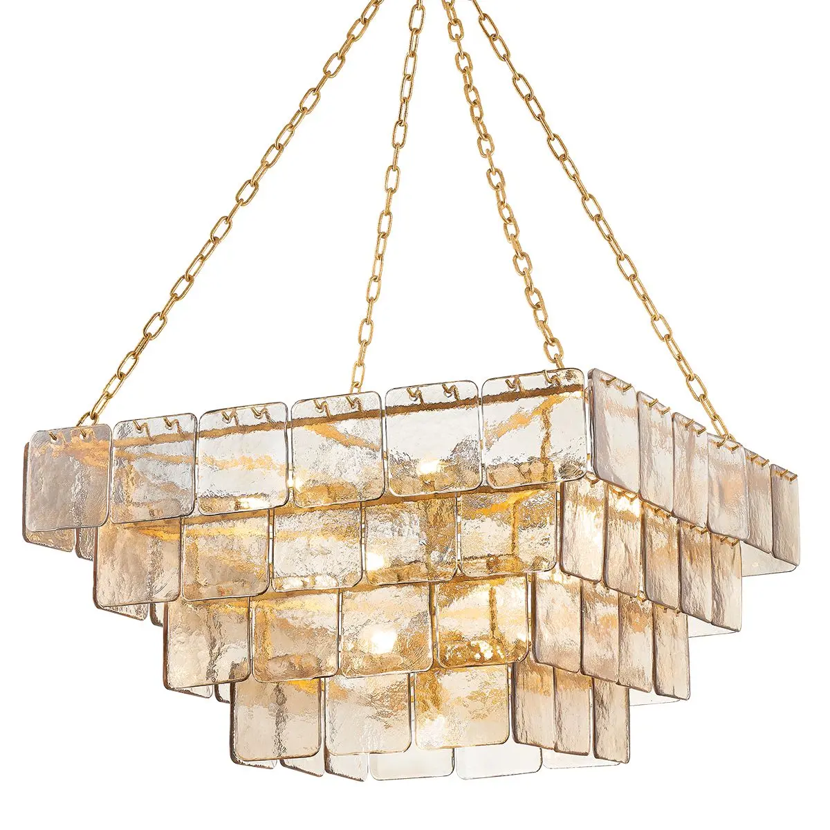 Large Regal Chandelier with 3 Tiers of Dark Champagne Glass Panels and Vintage Gold Leaf Finish