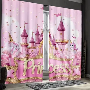 Heart Castle Print Curtains Set, Fashionable Rod Pocket Window Drapes for Bedroom & Living Room, Comfortable Atmosphere, Easy Installation