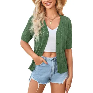 Womens 2026 Short Sleeve Crochet Summer Cardigan Cropped Button Sweater Lightweight Shrug for Dress