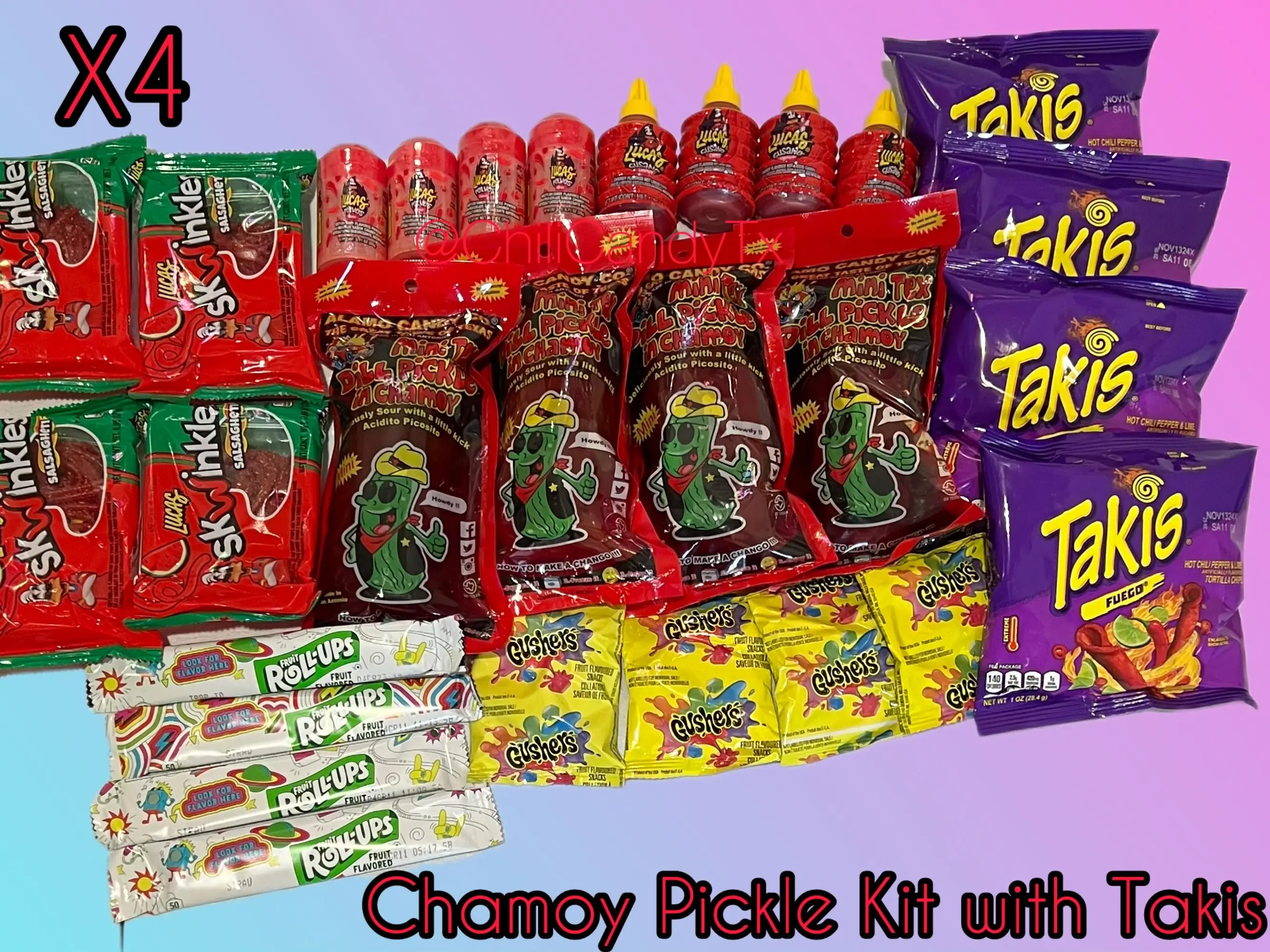 Four Family Pack Chamoy Pickle Kits with Takis, Lucas Powder, Liquid Lucas, Salsaghetti, Gushers, and Fruit Roll Ups Snacks Gift