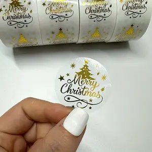 500pcs Golden Foil Christmas Tree Labels, 1.5-inch Round Transparent Adhesive Stickers, Festive Holiday Gift Bag/Box/Envelope/Candy Bag Decor, PVC, Art & Craft Supplies, Sewing Accessories, Christmas Theme