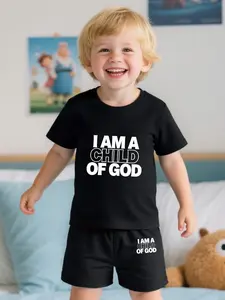 Boys' Round Neck Short Sleeve T-Shirt Sports Set, Cartoon Letter Print Casual Fitted Shorts, Two-Piece Kids Clothing Set Outfit