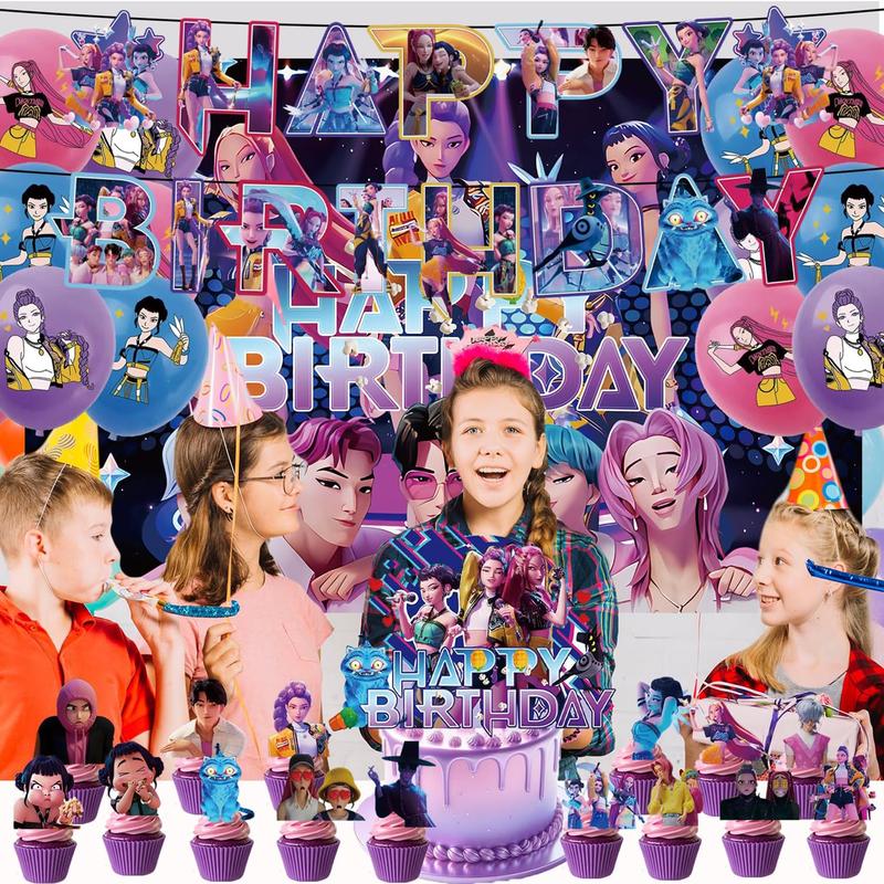 KPop Demon Hunters Birthday Party Decorations Banner Balloon Hanging Set with Cake Toppers for Fans Essential Party Supplies Girls Gifts