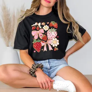 Strawberry Floral Shirt, Cute Bow Graphic Tee, Cottagecore Aesthetic, Soft Summer Fruit Shirt, Girly Graphic Top