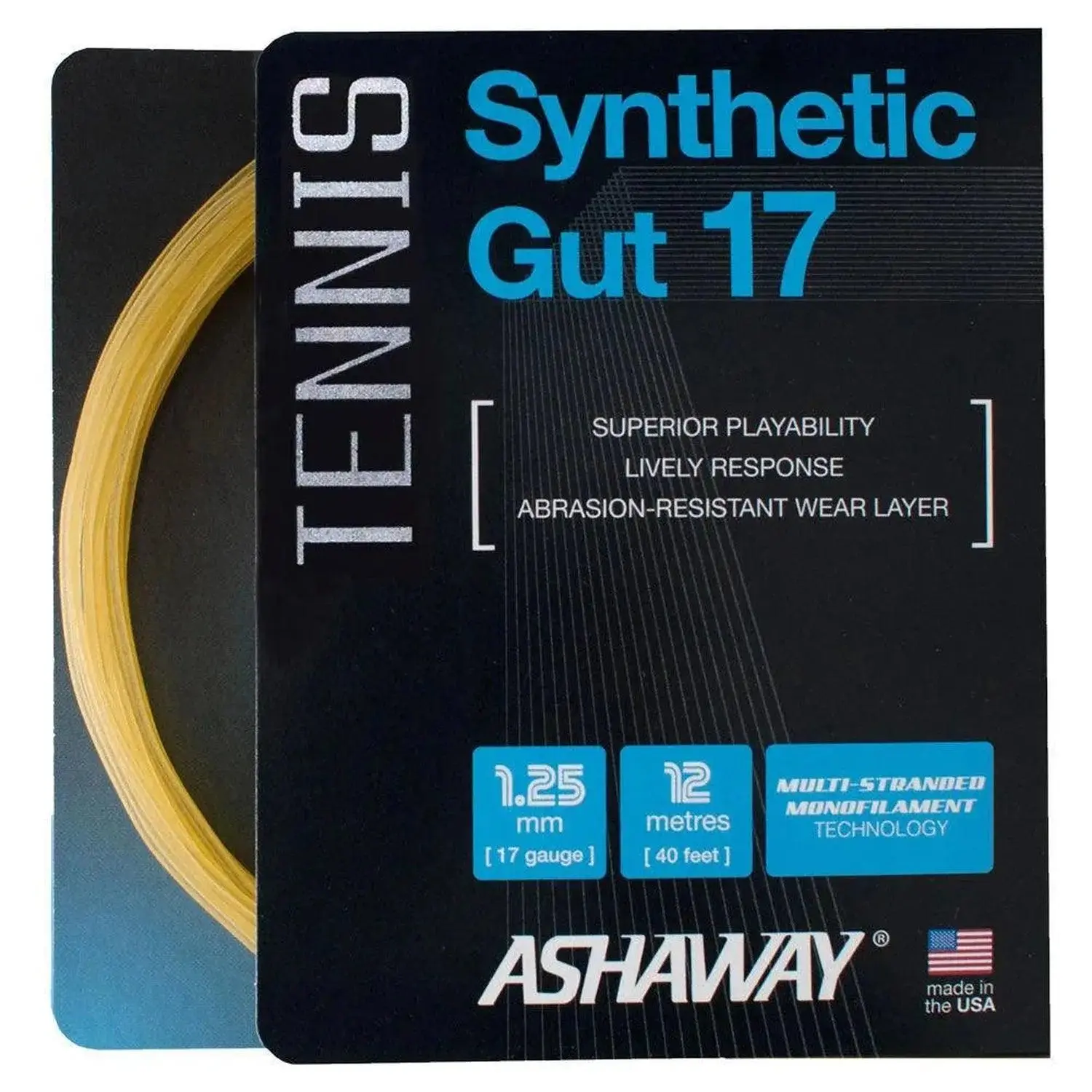 Synthetic Gut Tennis String 17G Gold, 40 ft Set for All-Court Tennis Players - Solid Playability, Lively Response & Abrasion-Resistant Wear Layer