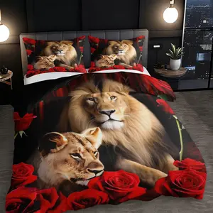 3pc couple's lion and rose bedding set, Decorative bedding set, a Valentine's Day animal print down comforter set, includes one comforter cover and two pillowcases. A gift for friends, available in multiple sizes, ideal for bedrooms and hotels