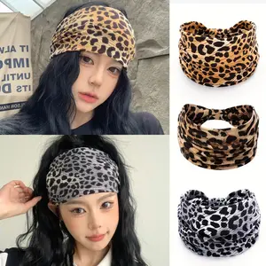 3pcs European And American Sweet And Cool Girl Style Leopard Print Sports Hair Band, Wide Elastic Hair Tie That Can Be Knotted, Sweat-absorbing Headscarf