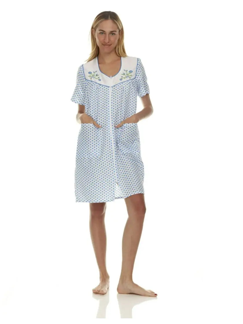 Women's Zipper Front House Dress Short Sleeves Embroidered Seersucker  Housecoat Duster Lounger Night Gown Comfortable Everyday Breathable  Lightweight - TikTok Shop